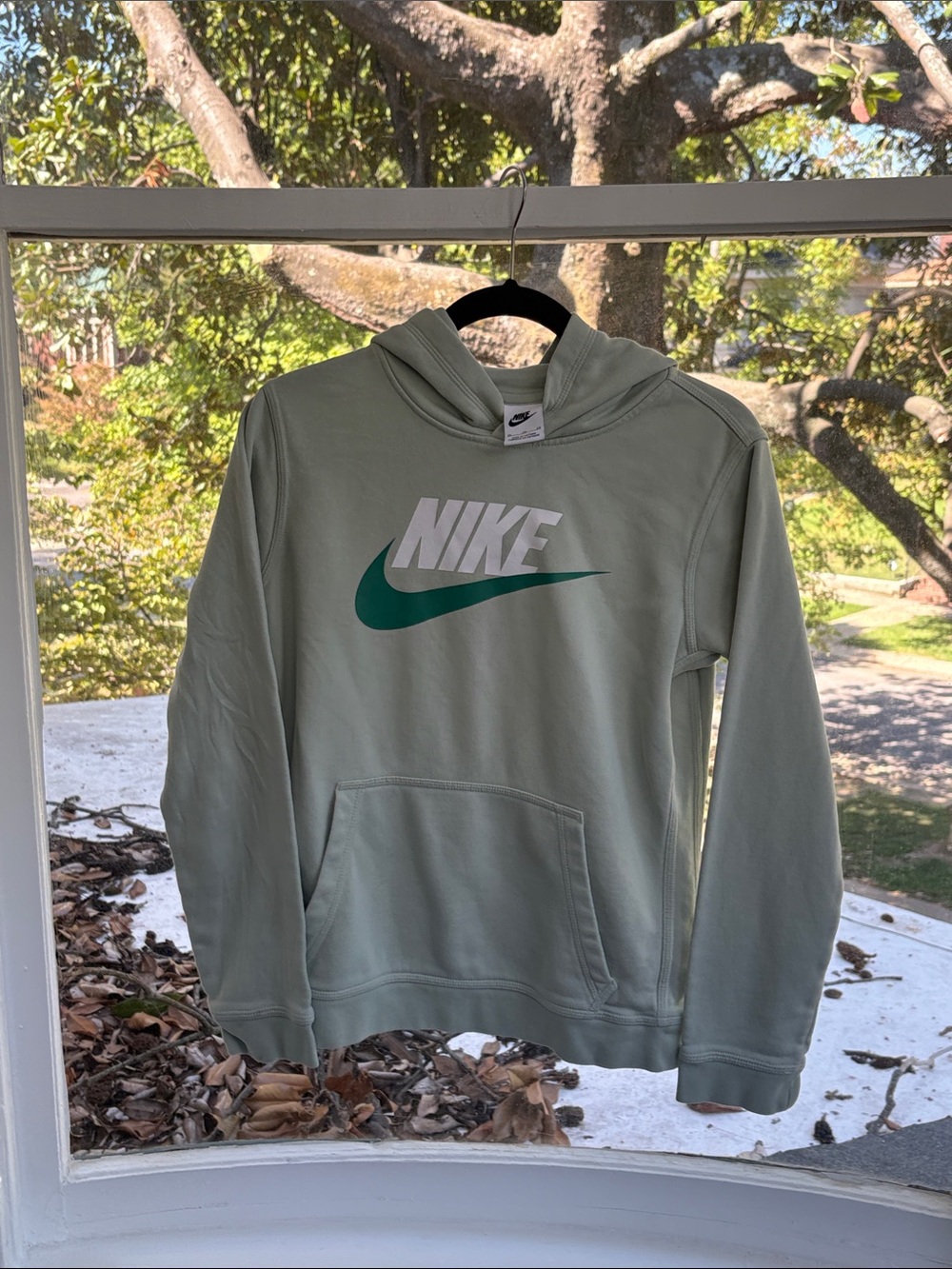 Nike Men’s Sage Green Crewneck Hoodie with Teal Swoosh